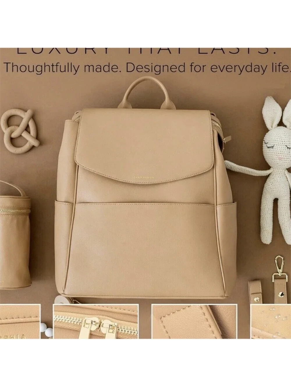MIA + SOPHIA Tan Microfiber Leather Diaper Backpack w/ USB, Insulated Pockets